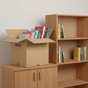 Umzugkarton steht neben Bücherregal